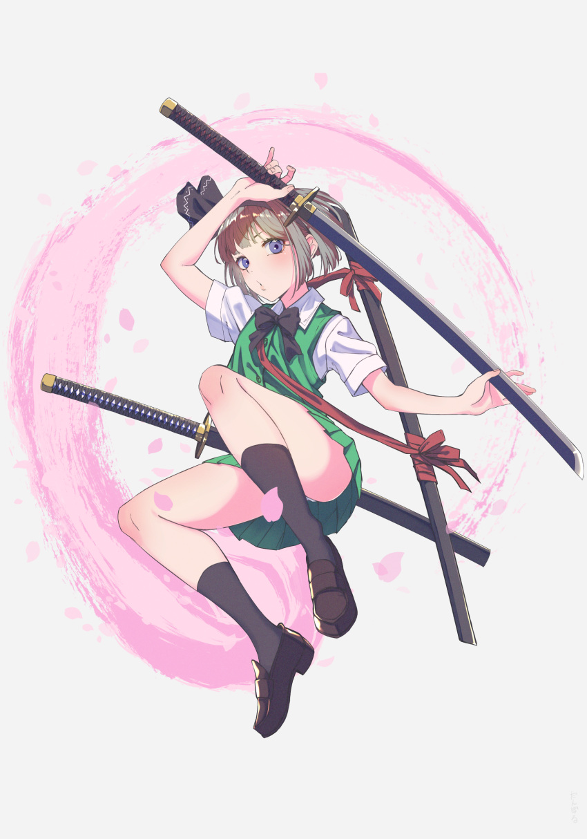 1girl absurdres black_bow black_legwear black_neckwear black_ribbon blue_eyes blush bow bowtie breasts brown_footwear cherry_blossoms collared_shirt commentary convenient_leg full_body green_skirt green_vest grey_background hair_ribbon hairband highres jnakamura1182 jumping katana konpaku_youmu konpaku_youmu_(ghost) lips loafers looking_at_viewer miniskirt panties panty_peek parted_lips petals pleated_skirt puckered_lips ribbon scabbard sheath sheathed shirt shoes short_hair short_sleeves silver_hair simple_background skirt small_breasts socks solo strap sword thighs touhou underwear vest weapon white_panties white_shirt wing_collar