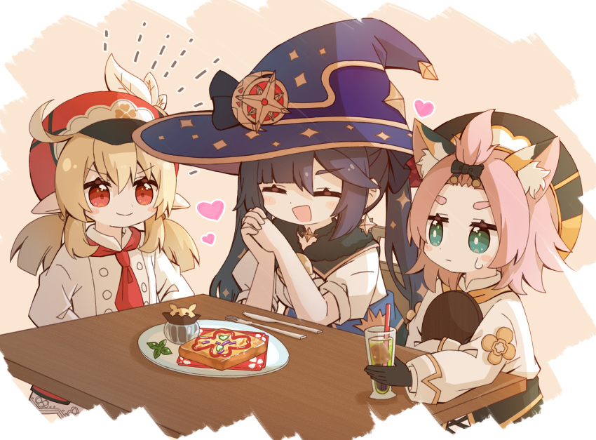 3girls :d ^_^ ^o^ absurdres ahoge animal_ears bangs bangs_pinned_back black_gloves black_hair blush_stickers cabbie_hat cat_ears cat_girl cat_tail chef_uniform choker closed_eyes clover_print commentary_request cup diona_(genshin_impact) drink drinking_glass drinking_straw earrings eyebrows_visible_through_hair food forehead genshin_impact gloves green_eyes hair_between_eyes hair_ornament hands_on_hips hat highres holding jewelry klee_(genshin_impact) light_brown_hair long_hair long_sleeves low_twintails mona_(genshin_impact) multiple_girls open_mouth pink_hair plate pointy_ears red_eyes short_hair sidelocks smile sweat tail thick_eyebrows toast tray twintails v-shaped_eyebrows waitress witch_hat yoshinao_(yoshinao_0203)