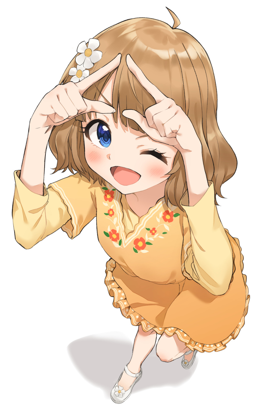1girl ;d ahoge applepie_(12711019) bare_legs blue_eyes blush brown_hair dress fingers_together flower frilled_dress frills from_above full_body hair_flower hair_ornament hands_up highres idolmaster idolmaster_million_live! looking_at_viewer one_eye_closed open_mouth print_dress shirt short_hair simple_background smile solo suou_momoko triangle white_background yellow_dress yellow_shirt