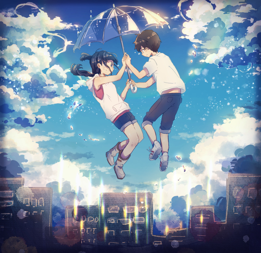 1boy 1girl amano_hina_(tenki_no_ko) bare_shoulders blue_eyes blue_hair boots brown_hair bubble building city closed_mouth clouds cloudy_sky crying crying_with_eyes_open floating hajikkoneko highres holding holding_hands holding_umbrella hood hood_down lens_flare long_hair looking_at_another morishima_hodaka_(tenki_no_ko) outdoors rubber_boots shoes shorts sky smile sneakers tears tenki_no_ko traditional_media transparent transparent_umbrella umbrella water watercolor_(medium) white_footwear yellow_eyes