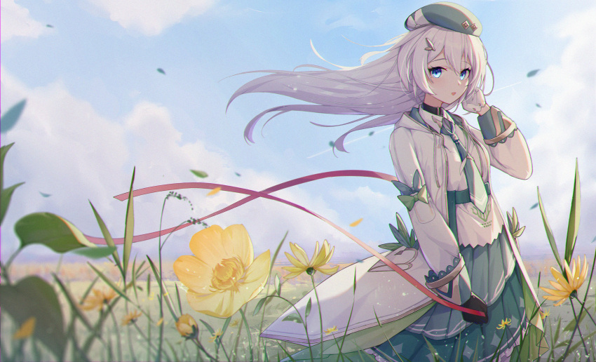 1girl :o absurdres asymmetrical_gloves bangs beret black_gloves blue_eyes blue_sky clouds cloudy_sky coat flower gloves grass green_headwear green_skirt hair_between_eyes hair_ornament hat highres honkai_(series) honkai_impact_3rd huge_filesize long_hair looking_at_viewer mismatched_gloves necktie open_mouth outdoors shirt skirt sky solo theresa_apocalypse theresa_apocalypse_(twilight_paladin) white_coat white_gloves white_hair white_shirt wind wind_lift wood_cube yellow_flower