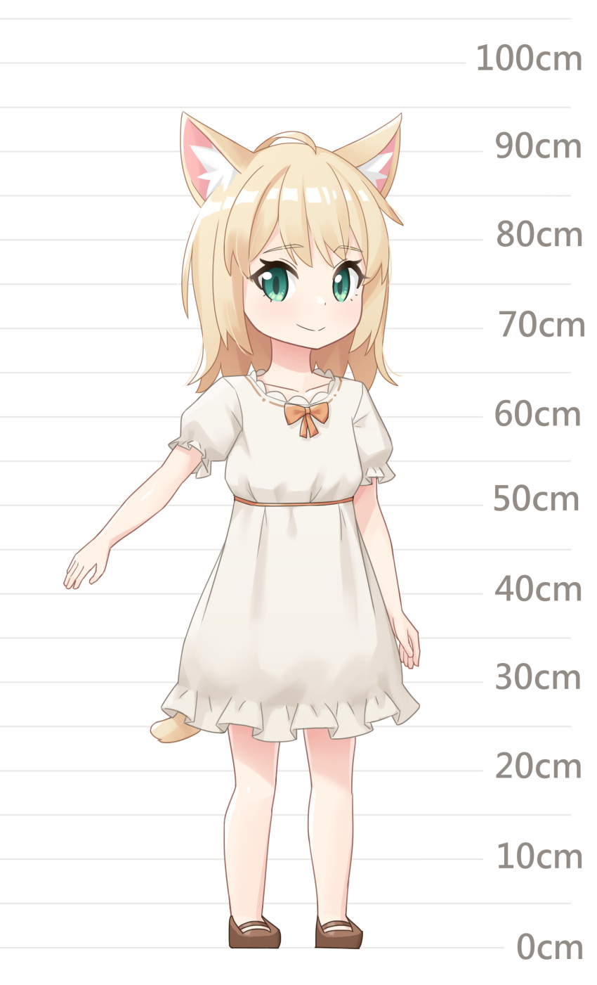 1girl absurdres animal_ears blonde_hair bow bowtie brown_footwear cat_ears cat_tail child dress green_eyes height_chart highres mao_lian_(nekokao) medium_hair orange_bow orange_neckwear original puffy_short_sleeves puffy_sleeves shoes short_sleeves solo tail white_dress