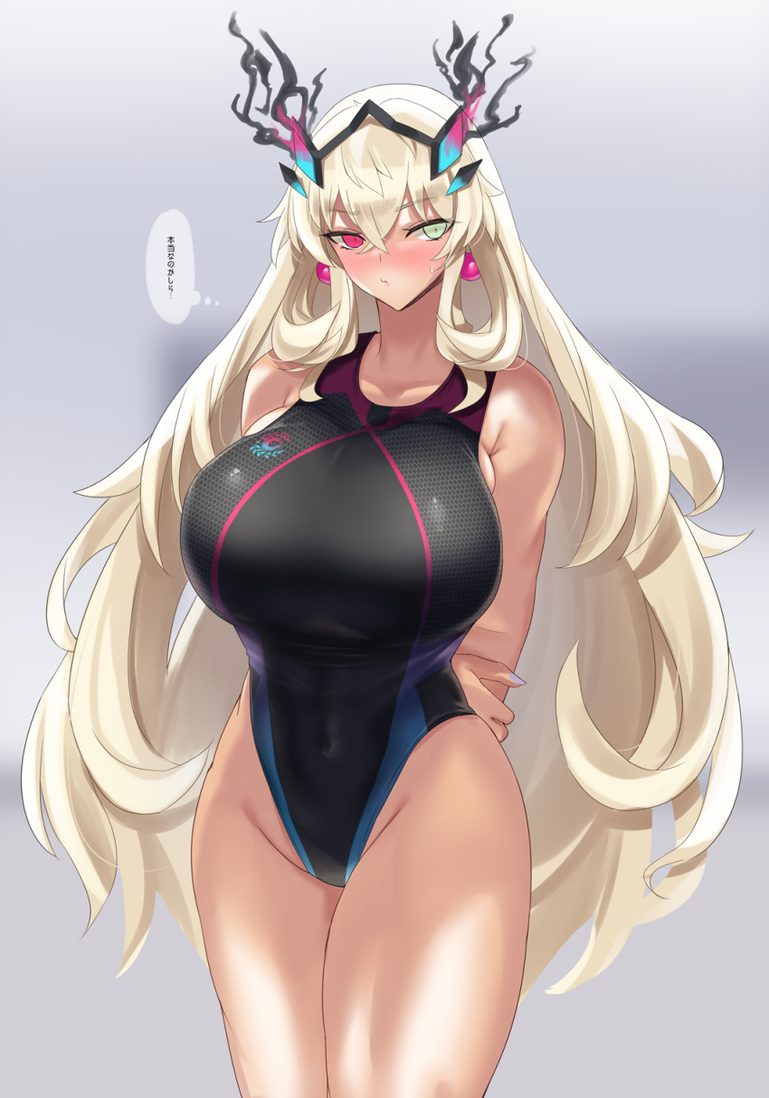 1girl arms_behind_back bangs bare_shoulders black_swimsuit blonde_hair blush breasts collarbone covered_navel earrings fairy_knight_gawain_(fate) fate/grand_order fate_(series) gachou green_eyes heterochromia highleg highleg_swimsuit highres horns jewelry large_breasts long_hair looking_at_viewer one-piece_swimsuit red_eyes solo swimsuit thighs thought_bubble translation_request