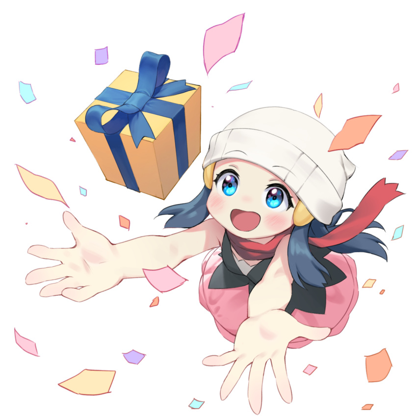 1girl arms_up bare_arms beanie black_shirt blue_eyes blue_ribbon blush box commentary_request confetti hikari_(pokemon) eyebrows_visible_through_hat eyelashes floating_scarf gift gift_box hat highres long_hair looking_up open_mouth pink_skirt pokemon pokemon_(game) pokemon_dppt red_scarf rekyu_(rcrcx2) ribbon scarf shirt skirt sleeveless sleeveless_shirt smile solo tongue white_background white_headwear