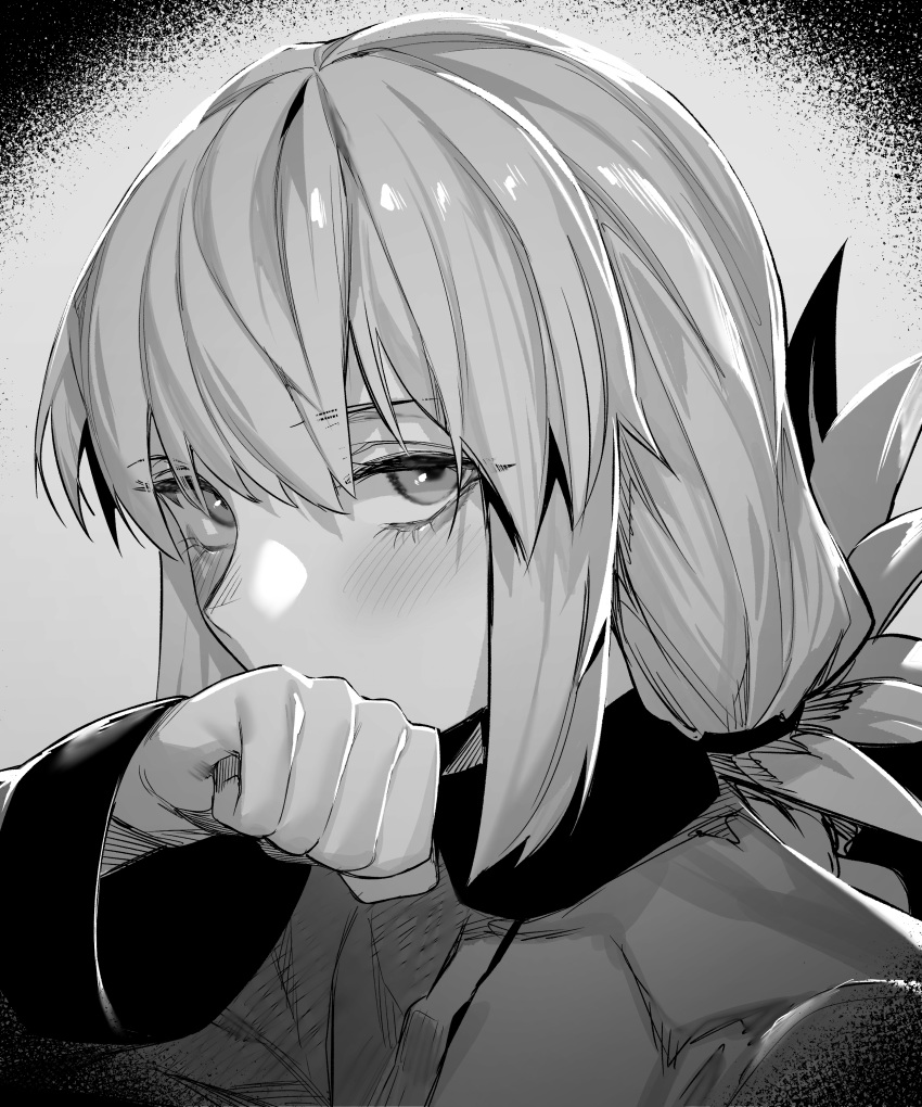 1girl absurdres bangs blush braid braided_ponytail breasts fate/grand_order fate_(series) florence_nightingale_(fate) folded_ponytail greyscale highres hxd large_breasts long_hair long_sleeves looking_at_viewer military_jacket monochrome solo wiping_mouth