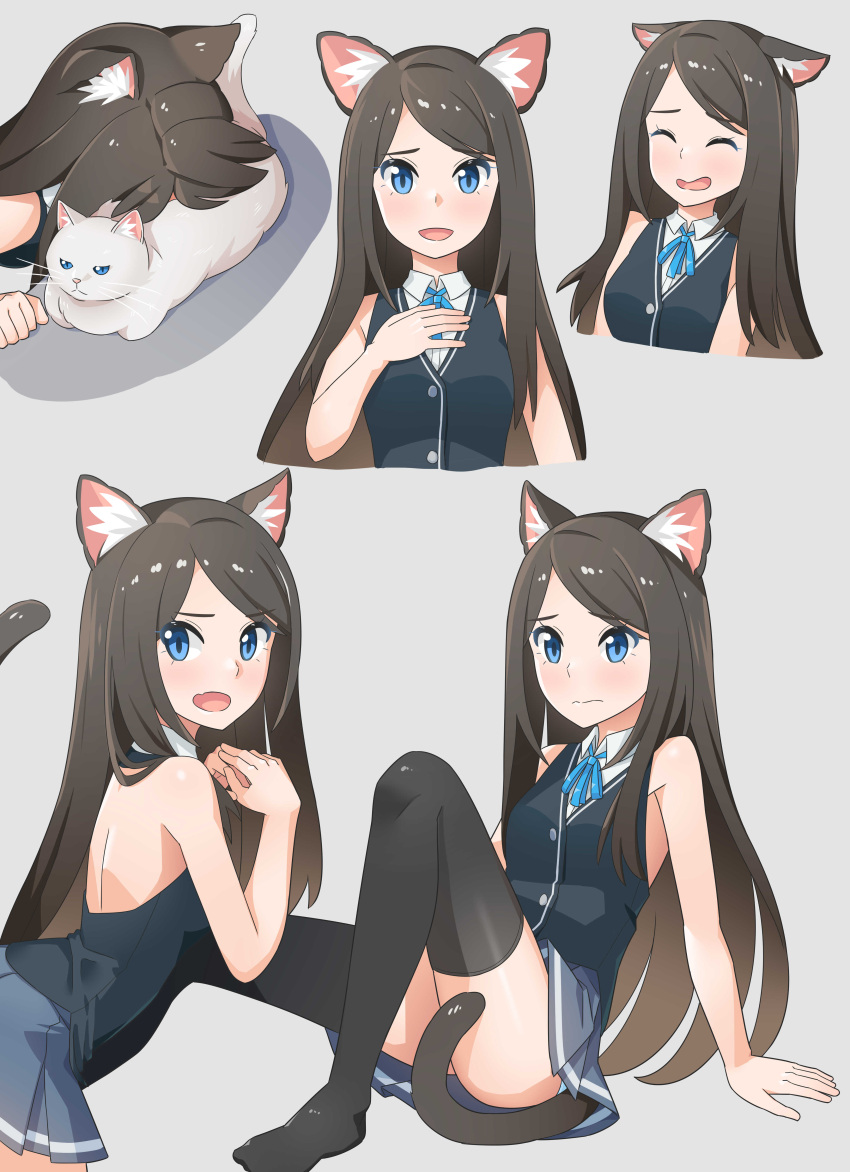 1girl :d absurdres aina_(mao_lian) animal_ear_fluff animal_ears arm_support black_legwear black_vest blue_eyes blush brown_hair cat cat_ears cat_tail closed_mouth collared_shirt ears_down fang grey_background grey_skirt hand_on_own_chest hands_up highres long_hair looking_at_viewer mao_lian_(nekokao) miniskirt open_mouth original own_hands_together pleated_skirt shirt simple_background sitting skin_fang skirt sleeveless sleeveless_shirt smile tail tail_censor thigh-highs vest white_cat white_shirt wing_collar