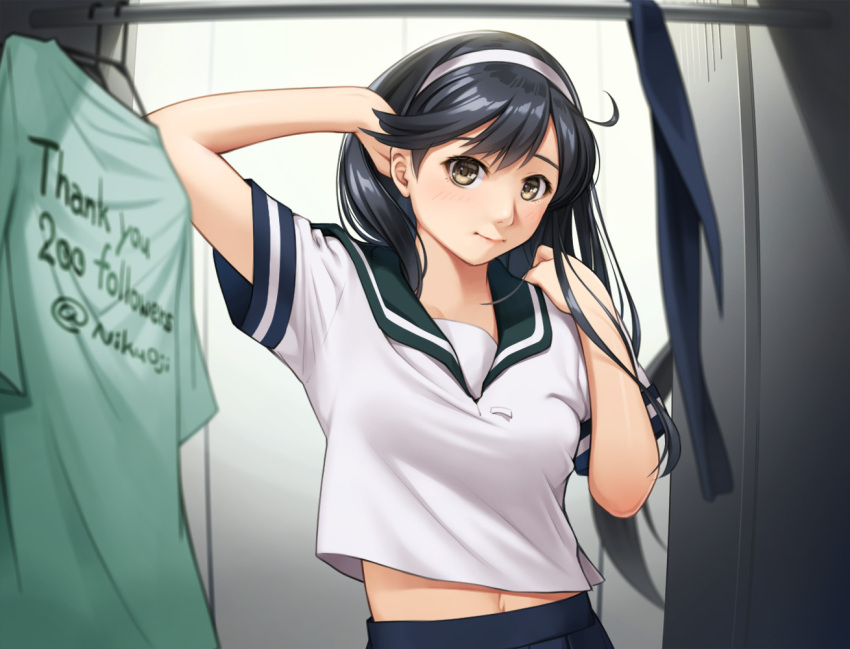 1girl ahoge black_hair breasts brown_eyes hairband hand_in_hair kantai_collection locker medium_breasts navel nikuoji pleated_skirt school_uniform serafuku skirt solo thank_you twitter_username upper_body ushio_(kancolle)