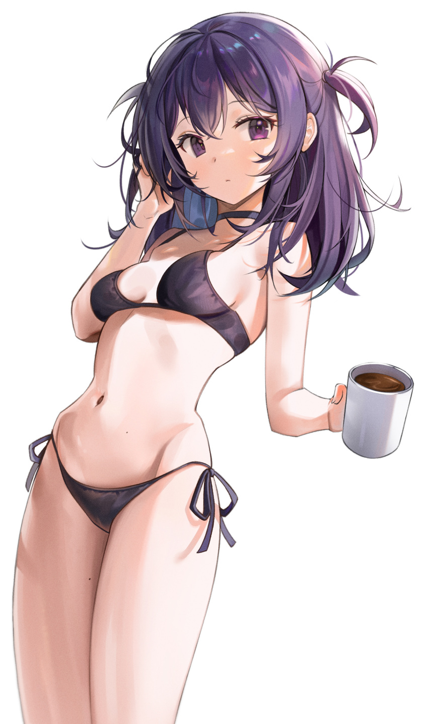1girl absurdres bare_arms bare_shoulders black_bra black_choker black_panties bra breasts choker closed_mouth coffee_mug cowboy_shot cup expressionless hand_up harusame_(user_wawj5773) highres holding long_legs looking_at_viewer medium_breasts medium_hair mole mole_on_stomach mole_on_thigh mug navel one_side_up original panties purple_hair side-tie_panties simple_background solo stomach string_bra string_panties thighs underwear underwear_only violet_eyes white_background