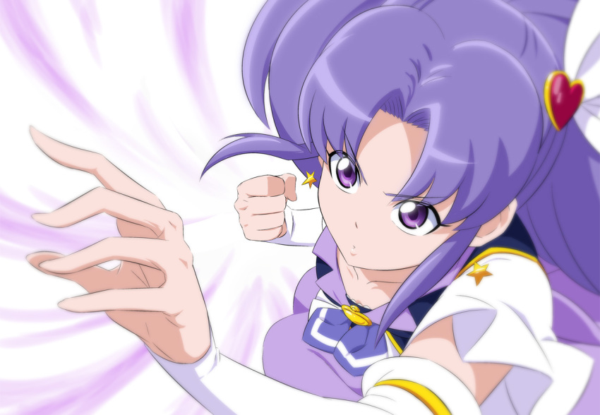 1girl closed_mouth collarbone cure_fortune detached_sleeves earrings fuchi_(nightmare) hair_intakes hair_ornament happinesscharge_precure! heart heart_hair_ornament jewelry long_hair long_sleeves precure purple_hair shiny shiny_hair solo star_(symbol) star_earrings v-shaped_eyebrows violet_eyes white_background white_sleeves