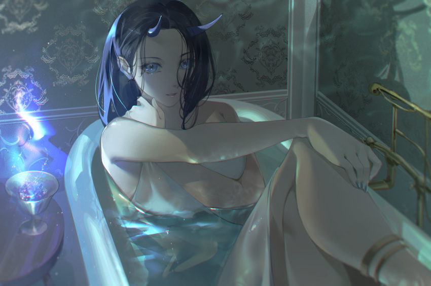 1girl absurdres anklet bath bathtub blue_eyes blue_horns blue_nails cup feet_out_of_frame forehead highres horns huge_filesize jewelry looking_at_viewer nail_polish oekaki_taro oni original water