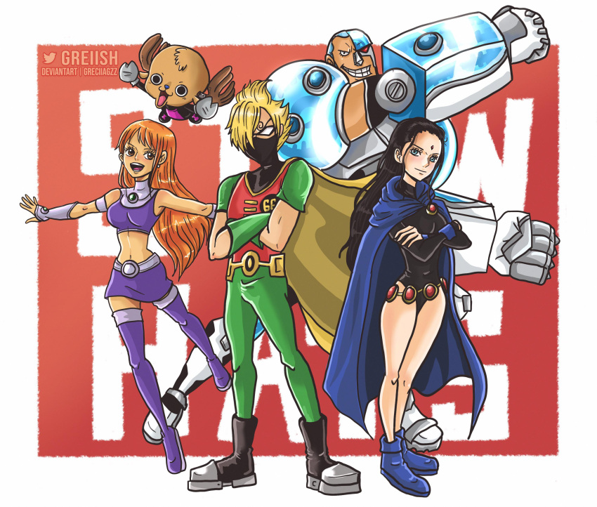 absurdres artist_request bare_shoulders black_hair franky_(one_piece) highres long_hair nico_robin one_piece orange_hair sanji_(one_piece) skirt source_request tattoo teen_titans tony_tony_chopper