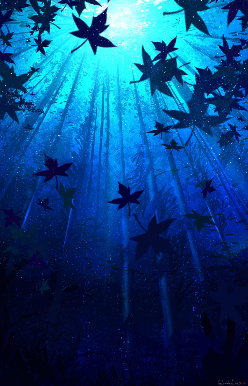 absurdres air_bubble blue_theme branch bubble commentary_request falling_leaves fish forest gradient grass highres leaf light_beam maple_leaf monochrome nature no_humans original outdoors scenery school_of_fish signature sky skyrick9413 sparkle tree underwater watermark web_address