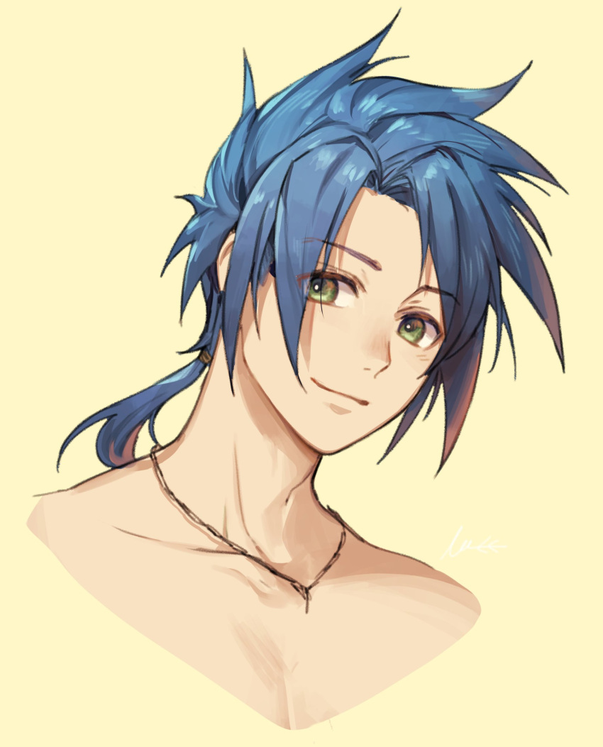 1boy blue-haired_boy_(how_to_draw_manga) forehead green_eyes hair_intakes hair_tie happy highres how_to_draw_manga how_to_draw_manga_redraw_challenge jewelry long_hair looking_at_viewer male_focus meme necklace ponytail shirtless simple_background smile solo spiky_hair tied_hair velahka yellow_background