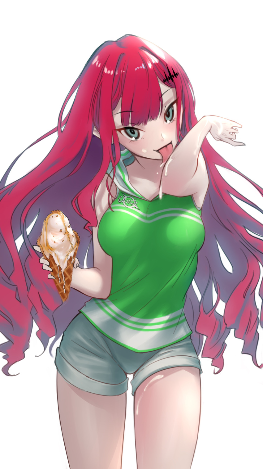 1girl absurdres breasts fairy_knight_tristan_(fate) fate/grand_order fate_(series) food green_hoodie green_shirt grey_eyes highres holding holding_food hood hoodie ice_cream ice_cream_cone ice_cream_cone_spill licking licking_self long_hair looking_at_viewer medium_breasts pink_hair pointy_ears quick_shirt red_nails shirt single_scoop sleeveless smile soft_serve solo somebody_(leiking00) t-shirt tongue tongue_out waffle_cone