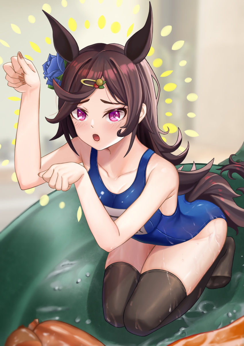1girl absurdres animal_ears bangom_r black_legwear breasts brown_hair brown_nails collarbone eyebrows_visible_through_hair highres horse_ears horse_girl horse_tail long_hair looking_at_viewer lotion medium_breasts oiled rice_shower_(umamusume) school_swimsuit solo swimsuit tail thigh-highs thighs umamusume violet_eyes