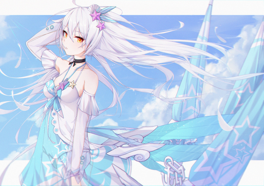 1girl absurdres bangs bare_shoulders beach_umbrella blue_sky breasts clouds cloudy_sky dress hair_between_eyes hair_ornament highres honkai_(series) honkai_impact_3rd huge_filesize jewelry kiana_kaslana kiana_kaslana_(herrscher_of_the_void) long_hair looking_at_viewer necklace open_mouth shell_hair_ornament sky solo starfish_hair_ornament summer sundress teeth umbrella white_hair white_sleeves wind wind_lift wood_cube yellow_eyes