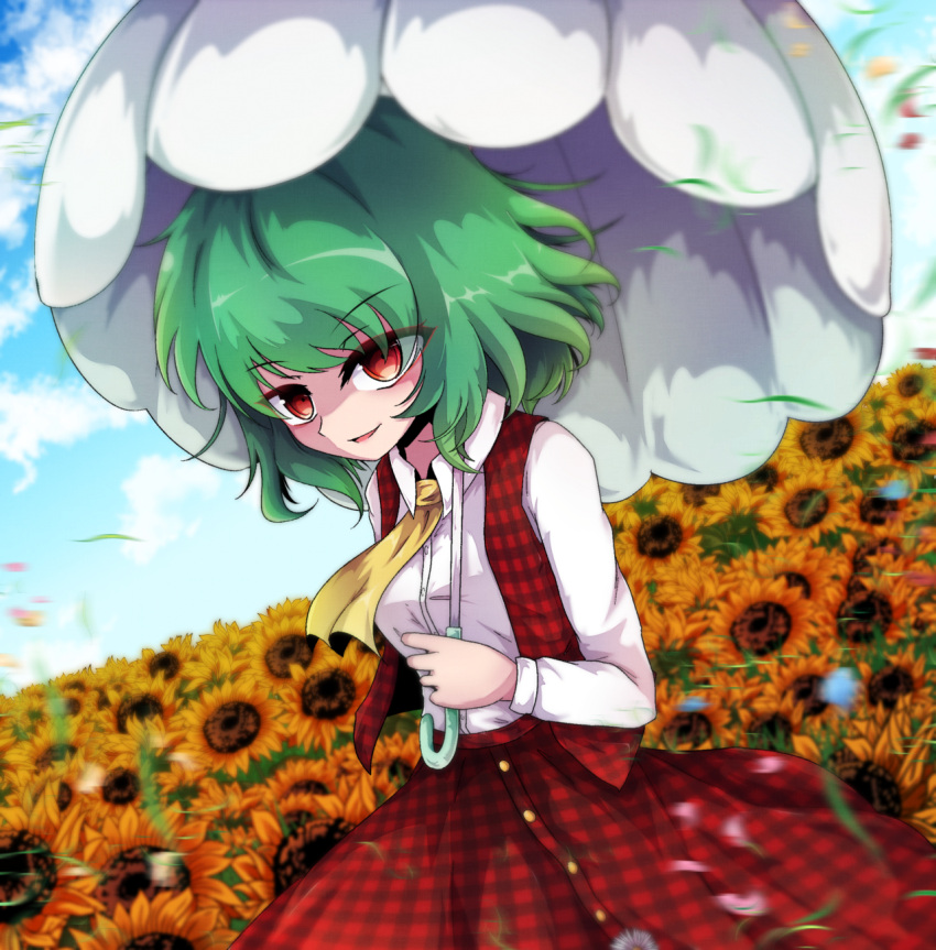1girl blue_sky blurry blurry_background breasts buttons collared_shirt day eyebrows_visible_through_hair field flower flower_field green_hair highres holding holding_umbrella kazami_yuuka looking_at_viewer medium_breasts medium_hair motion_blur open_mouth outdoors red_skirt red_vest shen_li shirt skirt skirt_set sky solo sunflower sunflower_petals touhou umbrella vest white_shirt yellow_neckwear