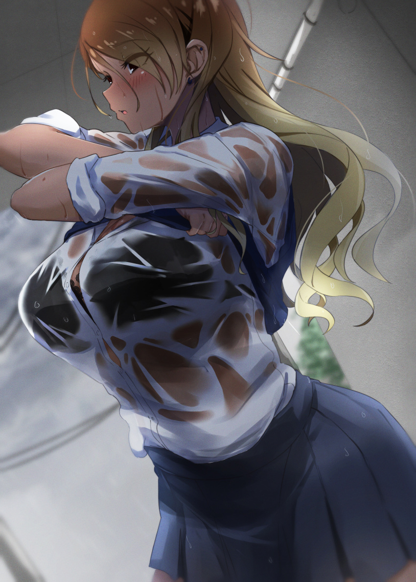1girl 96nokimihito absurdres bangs blue_skirt blurry blurry_background breasts button_gap clouds cloudy_sky crossed_arms dark-skinned_female dark_skin dress_shirt ear_piercing earrings eyebrows_visible_through_hair gradient_hair hair_between_eyes highres huge_filesize idolmaster idolmaster_shiny_colors izumi_mei jewelry large_breasts lifted_by_self long_hair looking_down multicolored_hair parted_lips piercing pleated_skirt power_lines see-through shirt skirt sky solo utility_pole wet wet_clothes wet_hair wet_shirt wet_skirt white_shirt