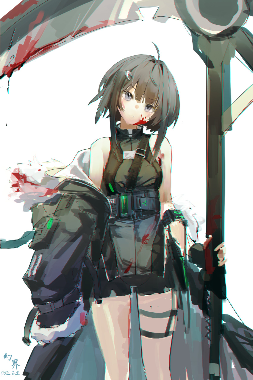 1girl absurdres ahoge arknights black_coat black_eyes black_hair black_shirt black_shorts blood blood_on_clothes blood_on_face blood_on_weapon coat dated feather_hair feet_out_of_frame fur-trimmed_hood fur_trim hair_ornament hairclip head_tilt highres holding holding_scythe holding_weapon hood la_pluma_(arknights) looking_at_viewer off_shoulder open_clothes open_coat scythe shirt short_hair shorts simple_background sleeveless sleeveless_shirt solo weapon white_background xiaohuanjie