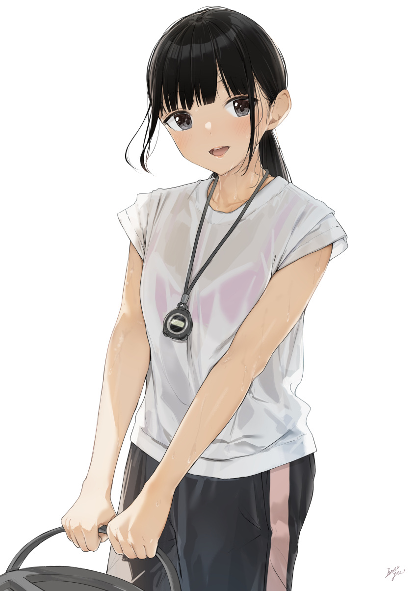 1girl :d absurdres bangs black_hair black_pants blush bra bra_through_clothes bucket collarbone commentary eyebrows_visible_through_hair grey_eyes highres holding holding_bucket long_hair low_ponytail open_mouth original pants pink_bra ponytail see-through shirt short_sleeves signature simple_background smile solo standing stopwatch stopwatch_around_neck sweat takenoko_no_you underwear watch wet wet_clothes wet_shirt white_background white_shirt