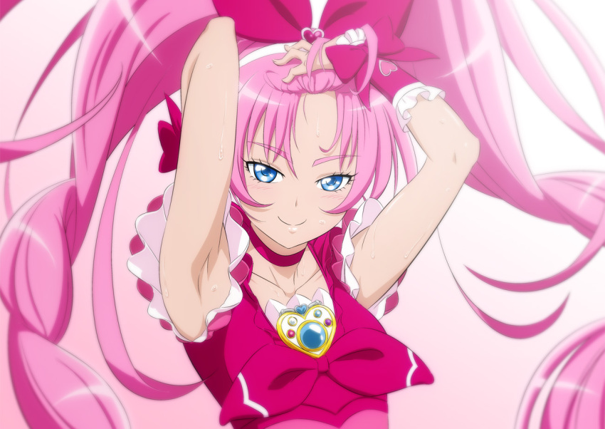 1girl armpits arms_up blue_eyes blush bow bow_hairband choker closed_mouth cure_rhythm floating_hair fuchi_(nightmare) gradient gradient_background hair_bow hair_ornament hairband hands_in_hair heart heart_hair_ornament long_hair looking_at_viewer pink_background pink_hair precure red_bow red_choker shiny shiny_hair sleeveless smile solo suite_precure upper_body very_long_hair white_background white_hairband