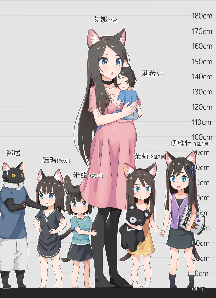 6+girls :d absurdres aina_(mao_lian) animal_ear_fluff animal_ears baby black_cat black_choker black_legwear black_shirt black_skirt blue_eyes blush bob_cut brown_hair butterfly_hair_ornament cat cat_ears cat_tail character_age child choker closed_mouth dress family hair_ornament hands_on_hips height height_chart highres holding holding_baby holding_hands holding_stuffed_toy long_hair looking_at_viewer mao_lian_(nekokao) medium_hair mother_and_daughter multiple_girls open_mouth original pantyhose parted_lips pink_dress pregnant shirt siblings sisters skirt smile standing stuffed_animal stuffed_toy tail teddy_bear translation_request yellow_dress