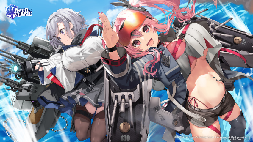 2girls :d anchor_symbol azur_lane bangs black_legwear black_shorts breasts bremerton_(azur_lane) commentary_request eyebrows_visible_through_hair eyewear_on_head gauntlets glowing grey_eyes hair_between_eyes hair_ornament hairclip highres long_hair long_sleeves looking_at_viewer looking_away machinery midriff multiple_girls navel ocean official_art open_mouth pantyhose pink_eyes pink_hair reno_(azur_lane) salute short_hair shorts sidelocks silver_hair smile sunglasses thigh-highs turret twintails under_boob yappen zettai_ryouiki