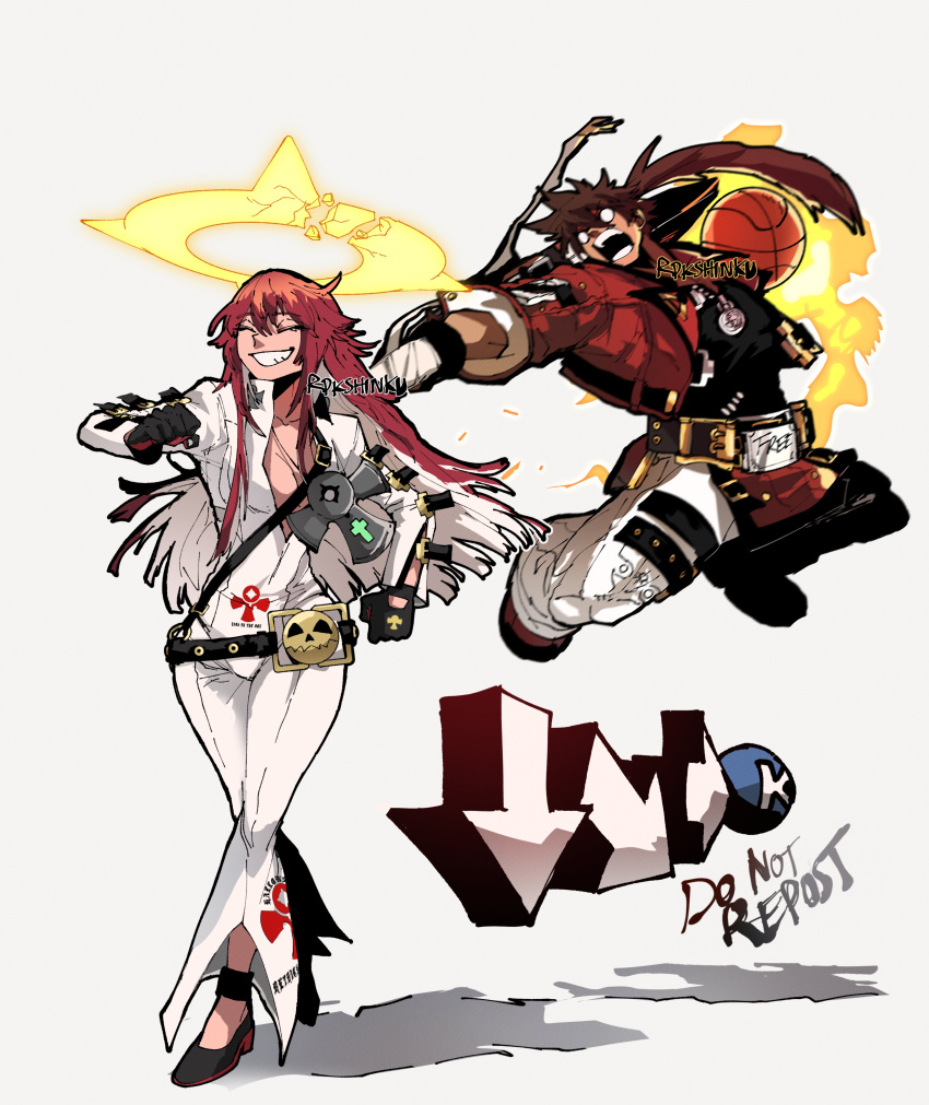 1boy 1girl absurdres aria_(guilty_gear) ball bandaged_arm bandages basketball belt belt_buckle black_footwear black_gloves broken_halo brown_hair buckle closed_eyes collarbone crack cross english_text eyebrows_visible_through_hair fingernails fire flame gameplay_mechanics gloves guilty_gear guilty_gear_strive hair_between_eyes halo highres holding holding_ball holding_sword holding_weapon jack-o'_valentine long_hair multicolored multicolored_clothes multicolored_hair no_pupils open_mouth ponytail rdkshinku red_footwear red_gloves redhead signature sleeves_rolled_up smile sol_badguy sword teeth two-tone_gloves walking weapon white_hair wide_hips