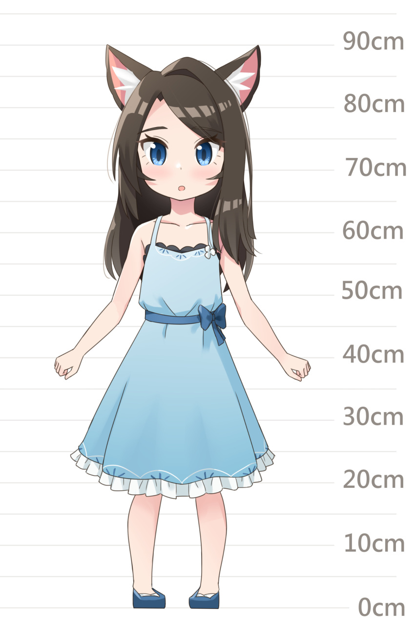 1girl :d absurdres aina_(mao_lian) animal_ear_fluff animal_ears bare_arms bare_shoulders blue_bow blue_dress blue_eyes blue_footwear bow brown_hair cat_ears child dot_nose dress fang hand_up height_chart highres long_hair looking_at_viewer mao_lian_(nekokao) open_mouth original parted_lips smile solo sundress