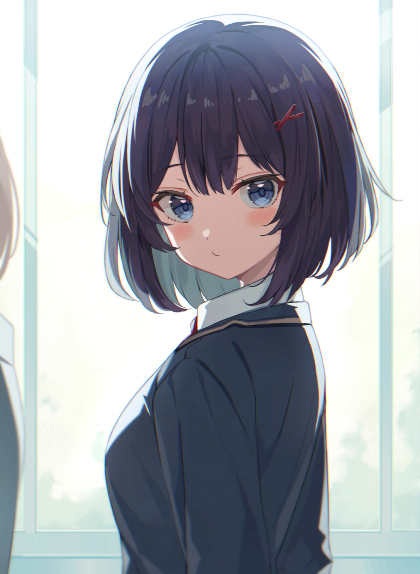 1girl bangs black_hair black_jacket blazer blue_eyes blush bob_cut commentary dress_shirt hair_ornament hairclip highres indoors jacket looking_at_viewer nam necktie original pensive pursed_lips red_neckwear school_uniform shirt short_hair solo standing upper_body white_shirt window