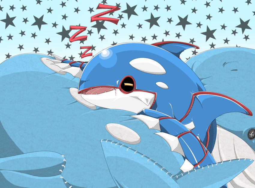 aya_kyogre character_doll closed_eyes commentary_request drooling gen_3_pokemon highres kyogre legendary_pokemon no_humans open_mouth pokemon pokemon_(creature) saliva sharp_teeth sleeping solo star_(symbol) stuffed_toy teeth tongue wailord zzz