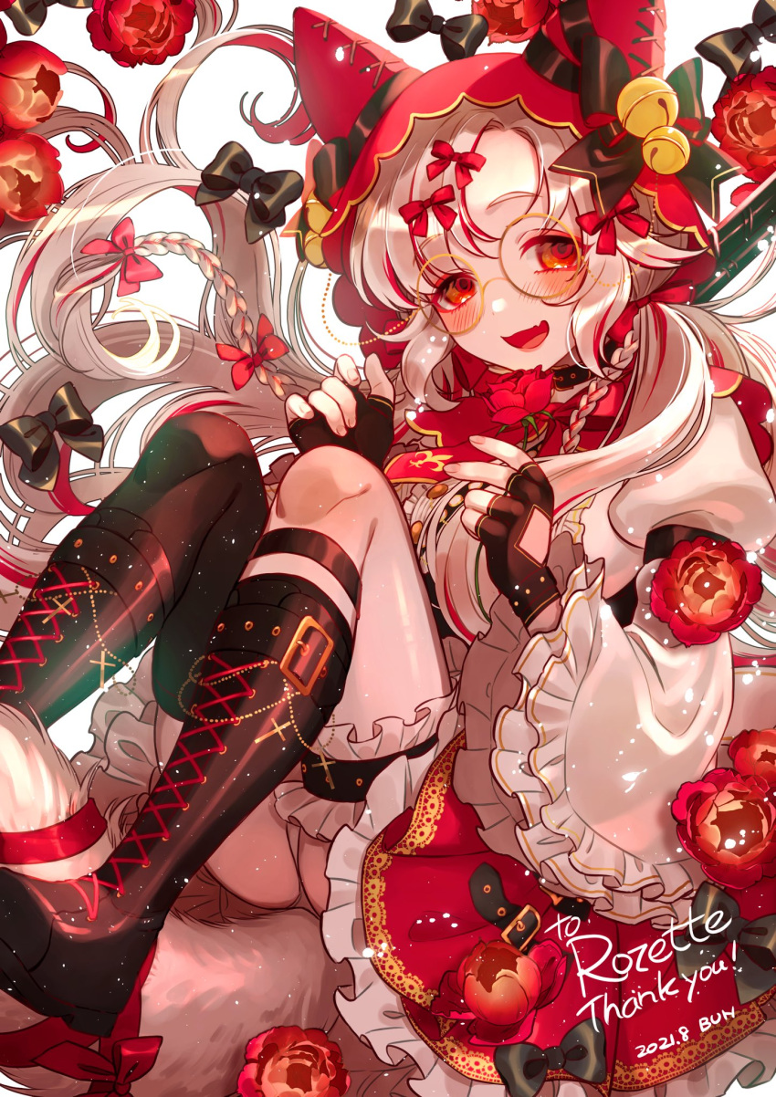 1girl :d animal_ears black_footwear black_gloves blush boots breasts bun_(jewd5385) commission cross-laced_footwear dated fang fingerless_gloves flower forehead frilled_legwear frilled_sleeves frills glasses gloves grey_hair highres knee_boots lace-up_boots large_breasts little_red_riding_hood looking_at_viewer multicolored_hair open_mouth original red_eyes red_flower red_hood redhead round_eyewear shirt silver_hair sitting skeb_commission skin_fang smile solo streaked_hair white_legwear white_shirt wide_sleeves wolf_ears