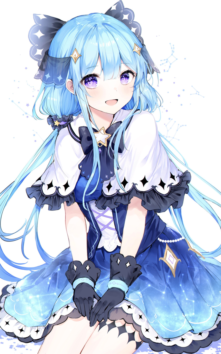 1girl :d absurdres bangs black_bow black_gloves blue_dress blue_hair blush bow capelet commentary_request constellation_print corset cowboy_shot dress eyebrows_visible_through_hair gloves hair_between_eyes hair_ornament hair_scrunchie hands_on_own_thighs highres long_hair looking_at_viewer noyu_(noyu23386566) open_mouth original print_dress scrunchie sidelocks simple_background sitting smile solo twintails very_long_hair violet_eyes white_background white_capelet