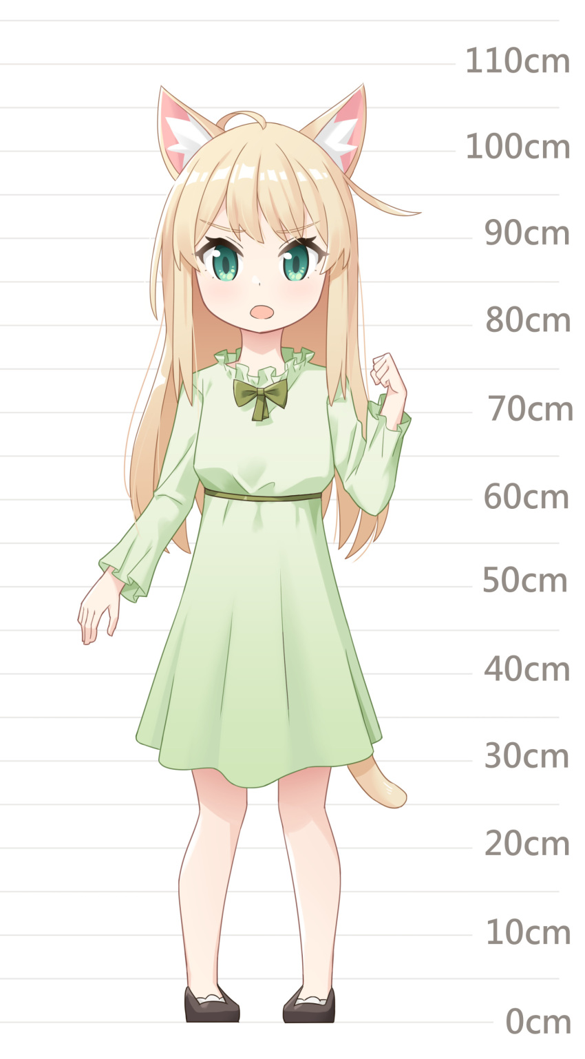 1girl :o absurdres animal_ears blonde_hair bow bowtie brown_footwear cat_ears cat_tail child dot_nose dress green_dress green_eyes green_neckwear hand_up height_chart highres long_hair looking_at_viewer mao_lian_(nekokao) open_mouth orange_bow original pigeon-toed puffy_short_sleeves puffy_sleeves shoes short_sleeves solo tail