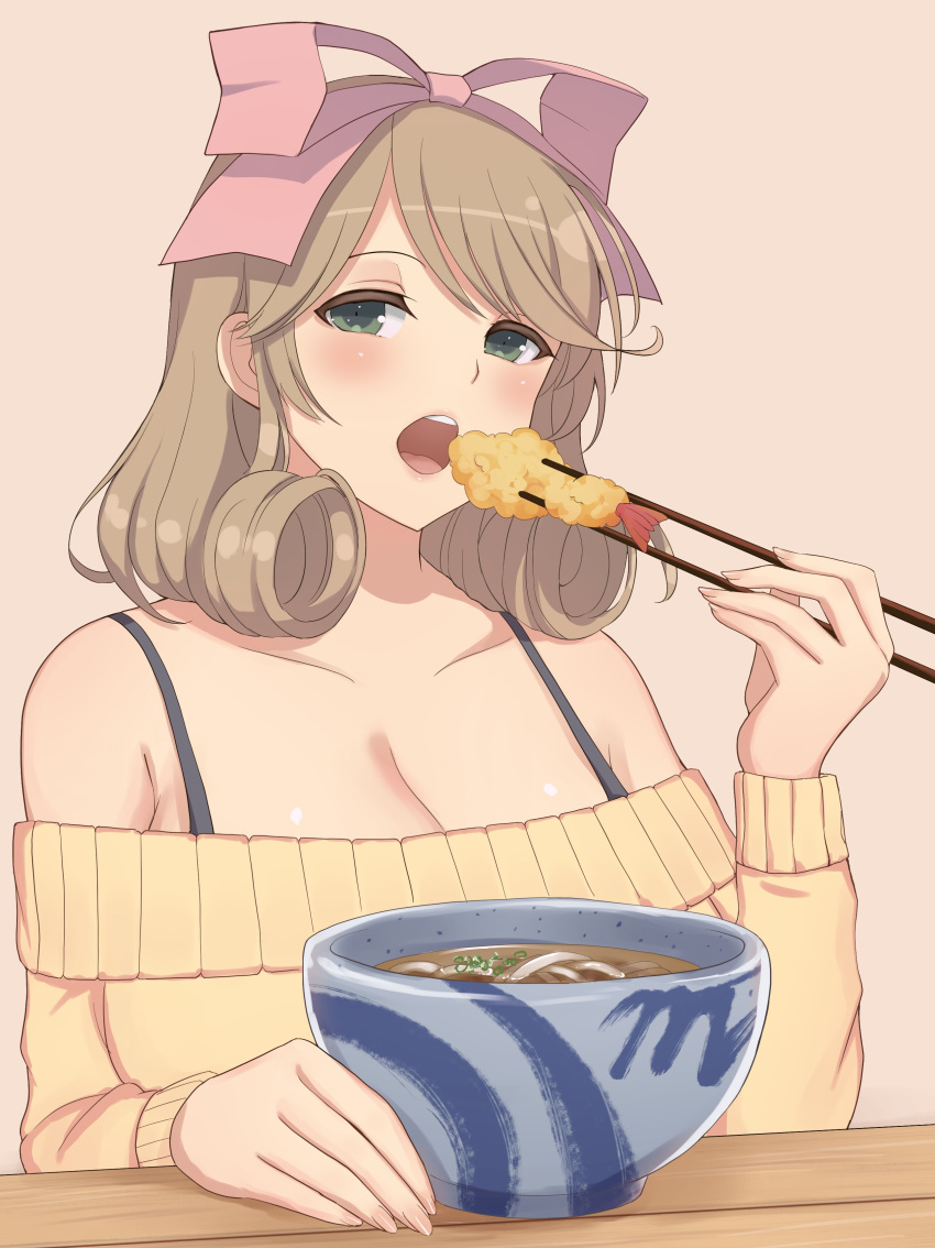 1girl absurdres bangs bare_shoulders black_bra blonde_hair bow bowl bra breasts chopsticks collarbone eating fingernails food green_eyes hair_bow half-closed_eyes haruka_(senran_kagura) highres holding holding_chopsticks huge_breasts lemonrou medium_hair off-shoulder_sweater off_shoulder open_mouth pink_bow senran_kagura solo sweater swept_bangs table tempura udon underwear upper_teeth yellow_sweater