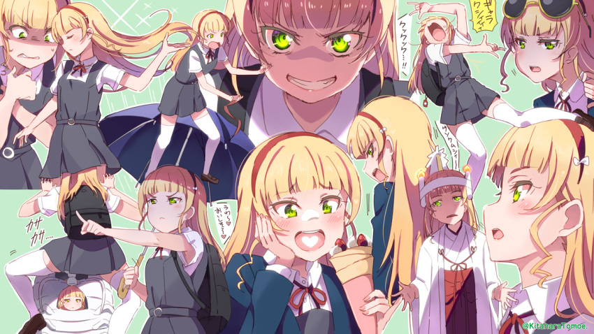 1girl bangs blonde_hair blunt_bangs blush closed_eyes cream cream_on_face crepe cropped_legs dress eating eyebrows_visible_through_hair eyewear_on_head food food_awe food_on_face full_body glaring green_eyes grin hair_flip hairband hand_on_own_cheek hand_on_own_face heanna_sumire heart heart_in_mouth holding holding_umbrella japanese_clothes kitahara_tomoe_(kitahara_koubou) long_hair love_live! love_live!_superstar!! miko multiple_views neck_ribbon open_mouth pinafore_dress pointing profile red_hairband red_ribbon ribbon school_uniform smile straight_hair sunglasses sweatdrop teeth thigh-highs translation_request umbrella upper_body v-shaped_eyebrows white_legwear yuigaoka_school_uniform zettai_ryouiki
