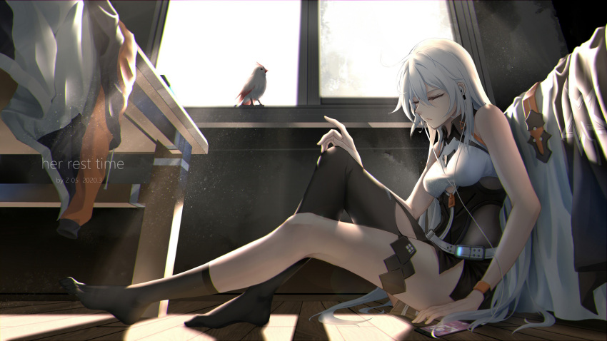 1girl asymmetrical_legwear bangs bed belt bird black_legwear bracelet closed_eyes closed_mouth hair_between_eyes headset highres honkai_(series) honkai_impact_3rd indoors jacket jewelry kiana_kaslana kiana_kaslana_(void_drifter) listening_to_music long_hair no_shoes on_floor phone sitting sleeveless solo sunlight table uneven_legwear white_hair white_sky window z_05