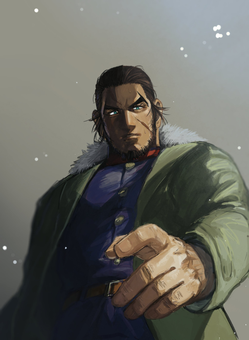 1boy absurdres ariko_rikimatsu beard belt black_hair blue_eyes coat facial_hair fur_trim golden_kamuy grey_background highres male_focus manly military military_uniform scar siwan_yuan_(4oooomanyen) standing sweat uniform