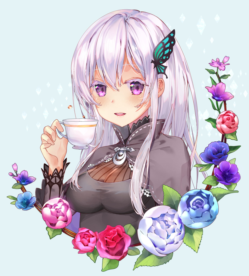 1girl bangs black_capelet black_dress blue_background blue_flower blue_rose breasts butterfly_hair_ornament capelet commentary_request cropped_torso cup dress echidna_(re:zero) eyebrows_visible_through_hair flower hair_between_eyes hair_ornament hand_up highres holding holding_cup long_sleeves looking_at_viewer medium_breasts mintchoco_(orange_shabette) parted_lips purple_flower re:zero_kara_hajimeru_isekai_seikatsu red_flower red_rose rose silver_hair solo tea upper_body upper_teeth violet_eyes