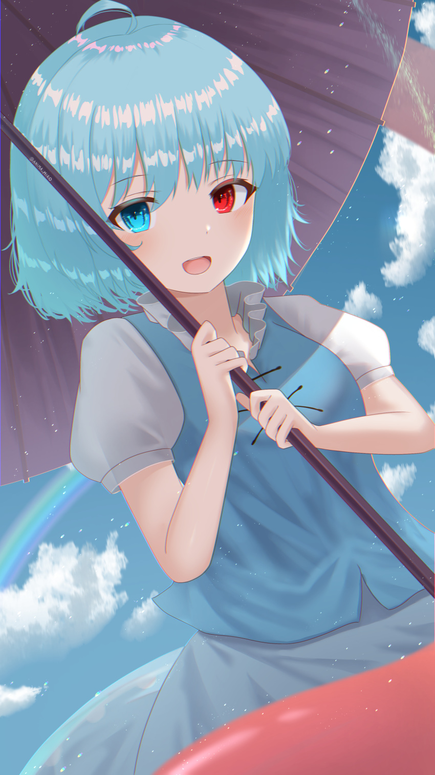 1girl :d absurdres anima_miko bangs blue_eyes blue_hair blue_skirt blue_sky blue_vest clouds cowboy_shot cross-laced_clothes eyebrows_visible_through_hair heterochromia highres holding holding_umbrella karakasa_obake looking_at_viewer open_mouth outdoors purple_umbrella rainbow red_eyes shirt short_hair short_sleeves skirt sky smile solo standing tatara_kogasa tongue touhou umbrella vest white_shirt