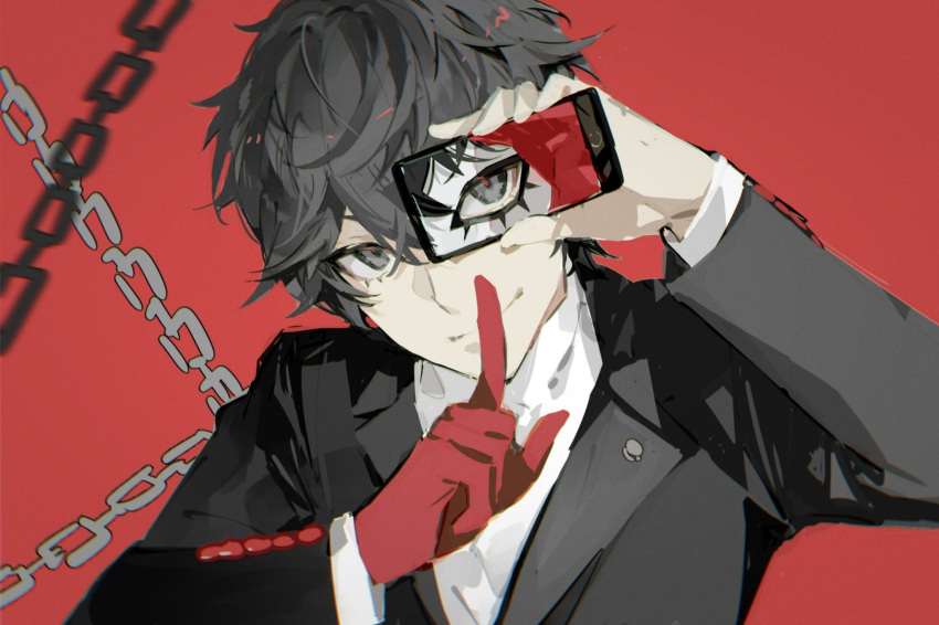 amamiya_ren bangs black_eyes black_hair black_jacket cellphone chain covering_mouth gloves hand_over_own_mouth highres holding holding_phone index_finger_raised jacket long_sleeves looking_at_viewer male_focus mask persona persona_5 phone red_background red_gloves shirt single_glove smartphone smile upper_body white_shirt wing_collar xing_20