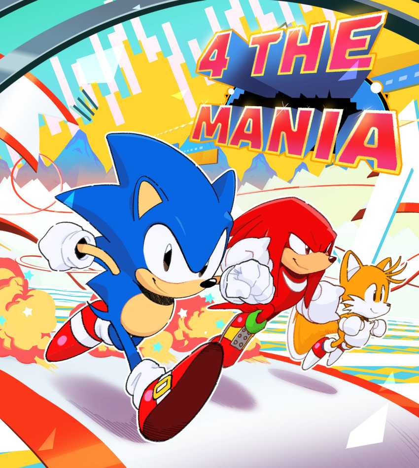 3boys animal_nose anniversary black_eyes clenched_hands flying gloves highres knuckles_the_echidna male_focus multiple_boys running shoes smile sneakers sonic_(series) sonic_mania sonic_the_hedgehog sonic_the_hedgehog_(classic) tail tails_(sonic) tyson_hesse violet_eyes white_gloves