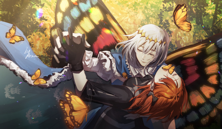1boy 1girl aramu arm_around_waist bangs black_gloves black_shirt blue_cape bug butterfly butterfly_on_face butterfly_wings cape closed_eyes commentary dancing diamond_hairband fate/grand_order fate_(series) from_above fujimaru_ritsuka_(female) fur-trimmed_cape fur_trim gloves grey_hair hair_between_eyes head_tilt highres holding_hands insect monarch_butterfly oberon_(fate) orange_butterfly orange_hair outdoors ponytail shirt short_hair side_ponytail signature smile tree upper_body wings