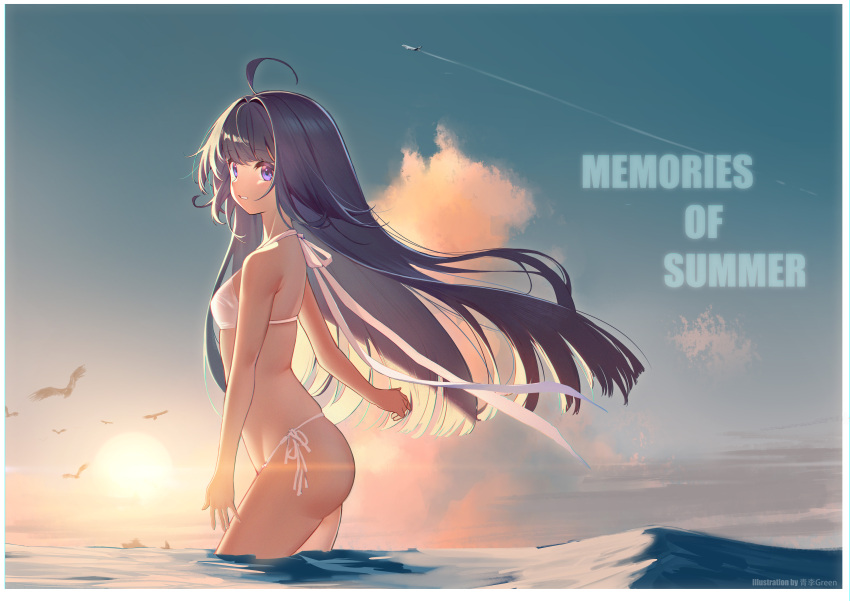 1girl absurdres ahoge aircraft airplane artist_name bangs bare_arms bare_shoulders bikini bird black_hair blue_sky blunt_bangs border breasts clouds condensation_trail day english_text eyebrows_visible_through_hair from_side halter_top halterneck highres lens_flare long_hair looking_at_viewer looking_to_the_side ocean original outdoors parted_lips qingli_green ribbon side-tie_bikini skindentation sky small_breasts sun sunlight swimsuit very_long_hair violet_eyes wading water white_bikini white_border white_ribbon