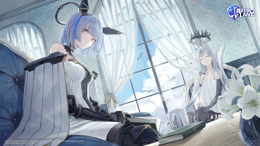 2girls arm_strap armored_boots asymmetrical_gloves azur_lane bare_shoulders bird black_collar black_footwear black_gloves blue_hair book boots breasts champagne_(azur_lane) closed_eyes clouds collar couch cross_hair_ornament crown cup curtains detached_collar dress elbow_gloves flat_chest flower gascogne_(azur_lane) gauntlets gloves hair_ornament half_gloves headgear highres holding holding_book holding_cup indoors knee_boots long_hair mechanical_halo medium_breasts mizutame_tori multicolored_hair multiple_girls open_book shirt shirt_overhang short_hair single_elbow_glove single_half_glove sitting sleeveless sleeveless_dress strapless strapless_dress two-tone_hair uneven_gloves vase very_long_hair white_dress white_flower white_shirt window yellow_eyes