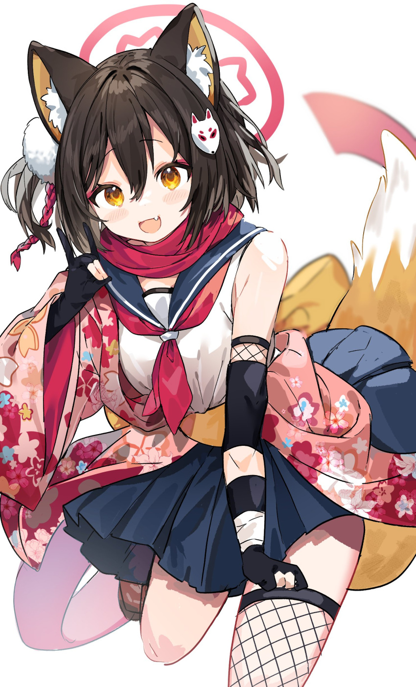 1girl absurdres animal_ears blue_archive blurry blurry_background blush commentary_request fang fox_ears fox_shadow_puppet fox_tail hair_between_eyes hair_ornament halo highres inu_(puputizy) izuna_(blue_archive) looking_at_viewer open_mouth pose scarf school_uniform sleeveless solo tail white_background