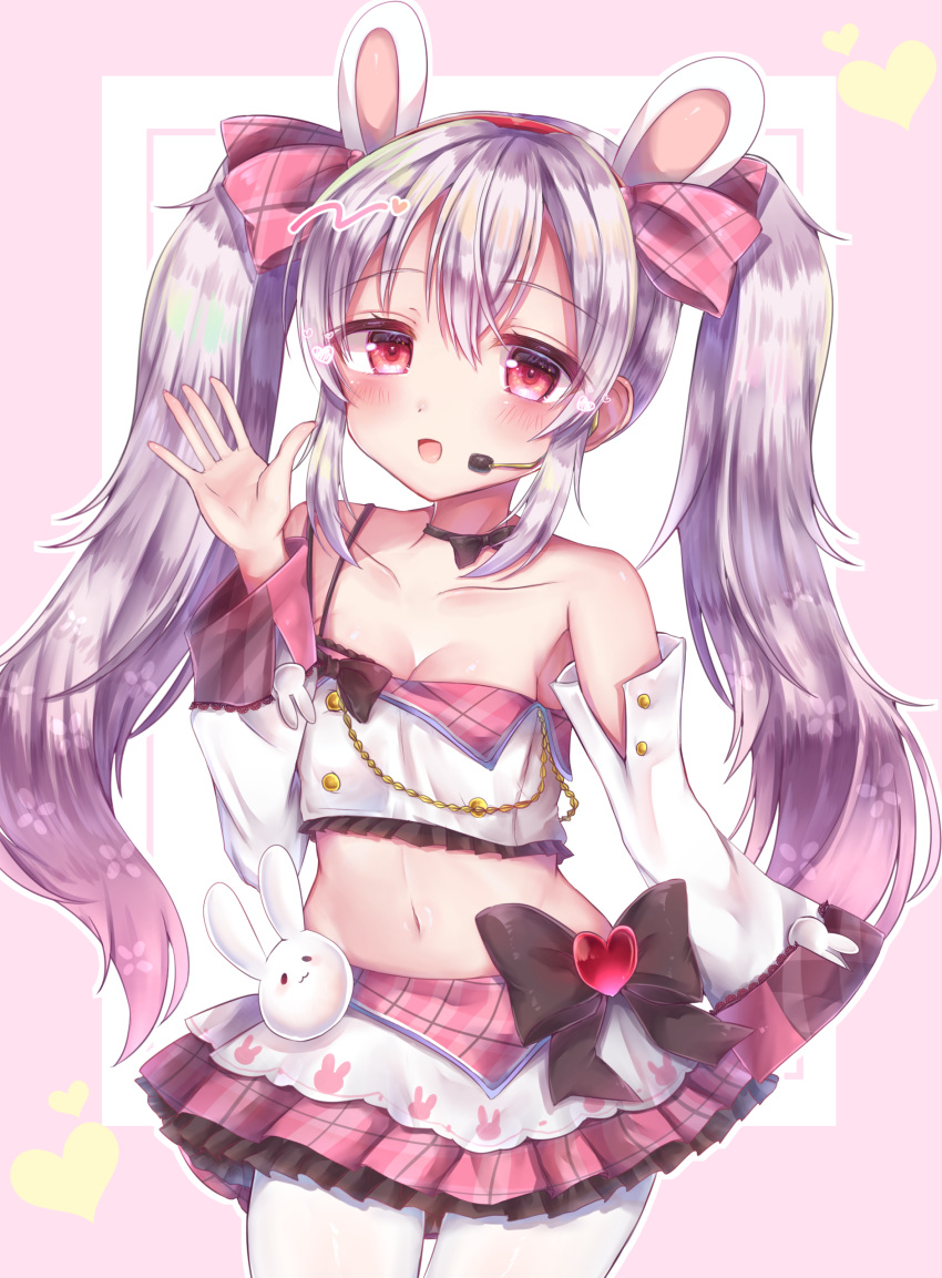 1girl :d absurdres animal_ears azur_lane bangs baozi bare_shoulders blush bow breasts commentary_request detached_sleeves eyebrows_visible_through_hair fake_animal_ears food hair_between_eyes hair_bow hairband hand_up headset heart highres himeno_ame idol jacket laffey_(azur_lane) laffey_(halfhearted_bunny_idol)_(azur_lane) leggings long_hair long_sleeves looking_at_viewer microphone midriff navel open_mouth pink_jacket pink_skirt plaid plaid_skirt pleated_skirt rabbit_ears red_eyes revision ribbon sidelocks simple_background skirt smile solo twintails waving white_hair white_legwear