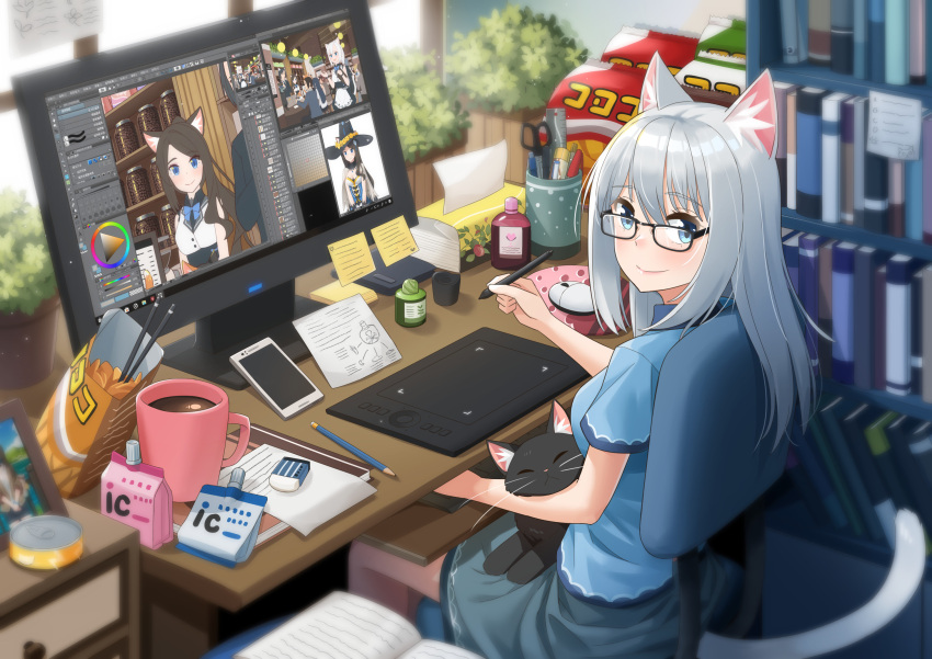 1girl aina_(mao_lian) animal_ear_fluff animal_ears artist_self-insert black-framed_eyewear black_cat blue_eyes blue_shirt blue_skirt book bookshelf brown_hair cat cat_ears cat_tail cellphone chair chips chopsticks closed_mouth cup desk drawing_tablet eraser food from_side glasses grey_hair highres holding holding_stylus long_hair looking_at_viewer looking_back looking_to_the_side mao_lian_(nekokao) monitor office_chair on_chair open_book original pencil phone potato_chips scissors shirt short_sleeves sitting skirt smartphone smile solo stylus tail tin_can