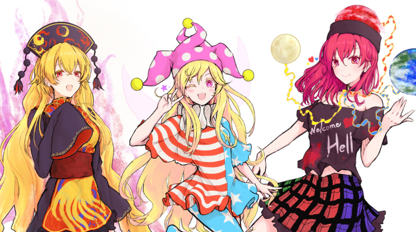 3girls american_flag_dress aura blonde_hair chinese_clothes clownpiece earth_(ornament) hat headwear hecatia_lapislazuli jester_cap junko_(touhou) moon_(ornament) multiple_girls one_eye_closed orange_hair pantyhose pink_eyes polos_crown red_eyes redhead shokabatsuki touhou v_over_eye