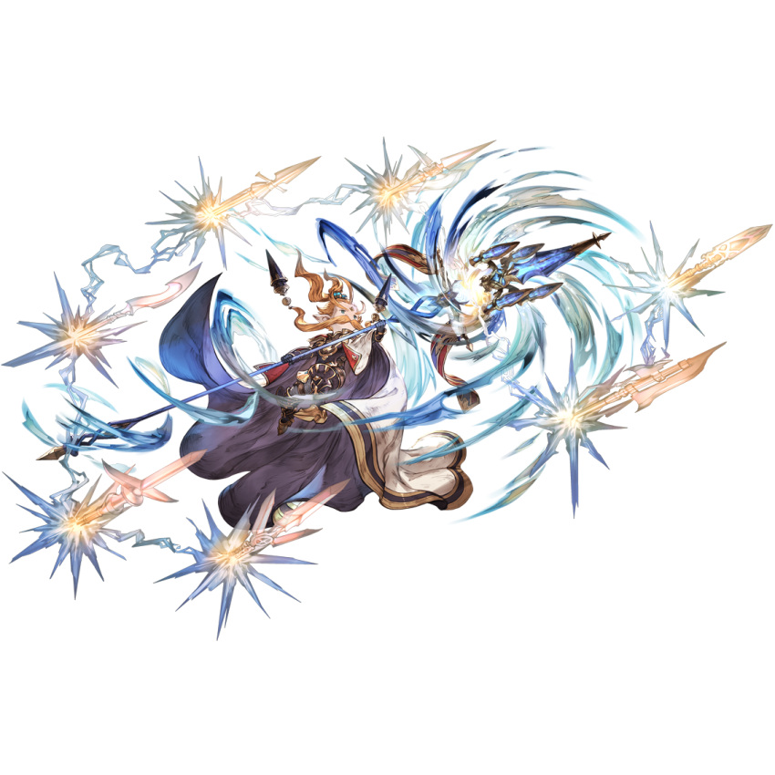 1boy blue_eyes boots cape energy facial_hair facial_mark floating forehead_mark gloves granblue_fantasy harvin holding holding_weapon long_hair male_focus multiple_weapons mustache official_art orange_hair pointy_ears polearm ponytail solo sparkle spear transparent_background uno_(granblue_fantasy) weapon